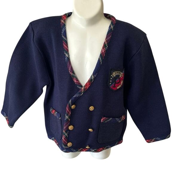 Vtg Pillip Kid Navy Nautical Cardigan School Girl Sz 7 Checkered Trim Sweater - Picture 2 of 8